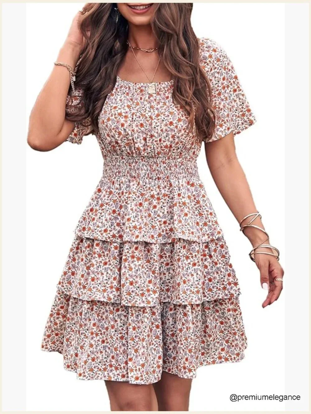 Floral Square Neck Short Sleeve Tiered Ruffle Boho Swing Mini Dress - Picture 1 of 7